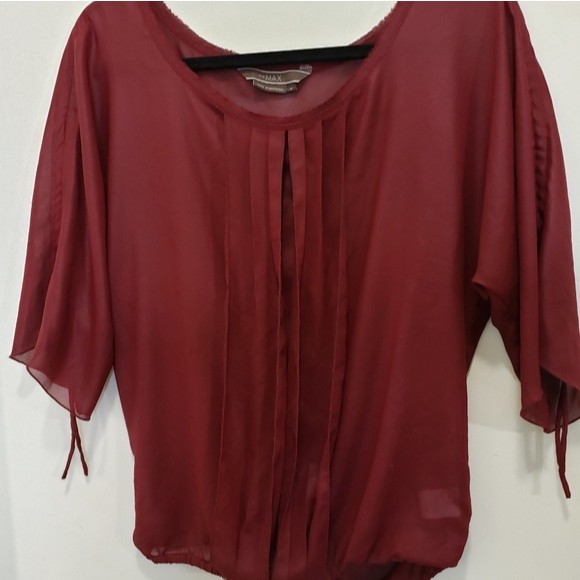 Max Studio Tops - Sheer, blouse, quarter sleeve, garnet